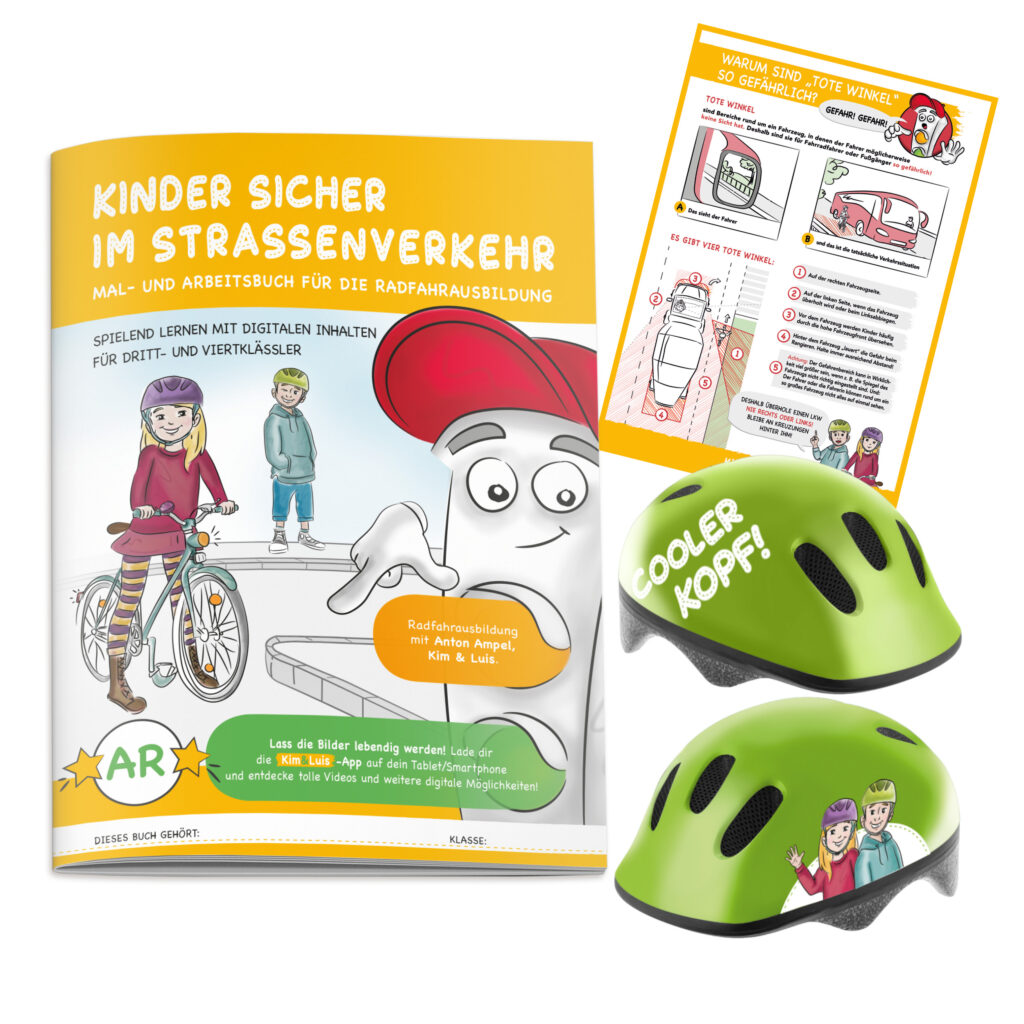 Mal- und Arbeitsbuch zur Radfahrausbildung, Plakate und Kinder-Fahrradhelme helfen sicher durch den Straßenverkehr
